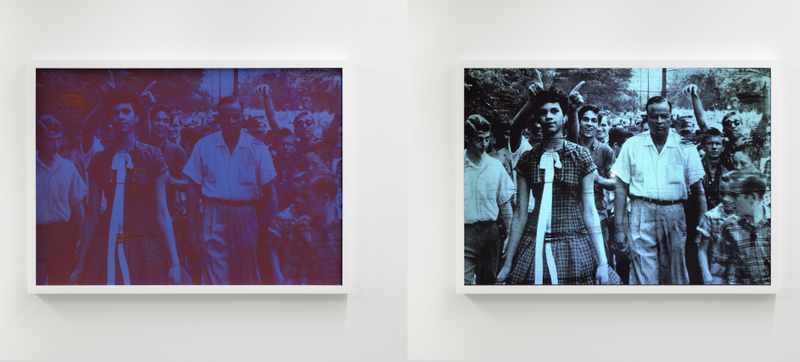 “What happened on that day really set me on a path (red and blue),” Hank Willis Thomas, 2018. Left image without flash, right with flash.